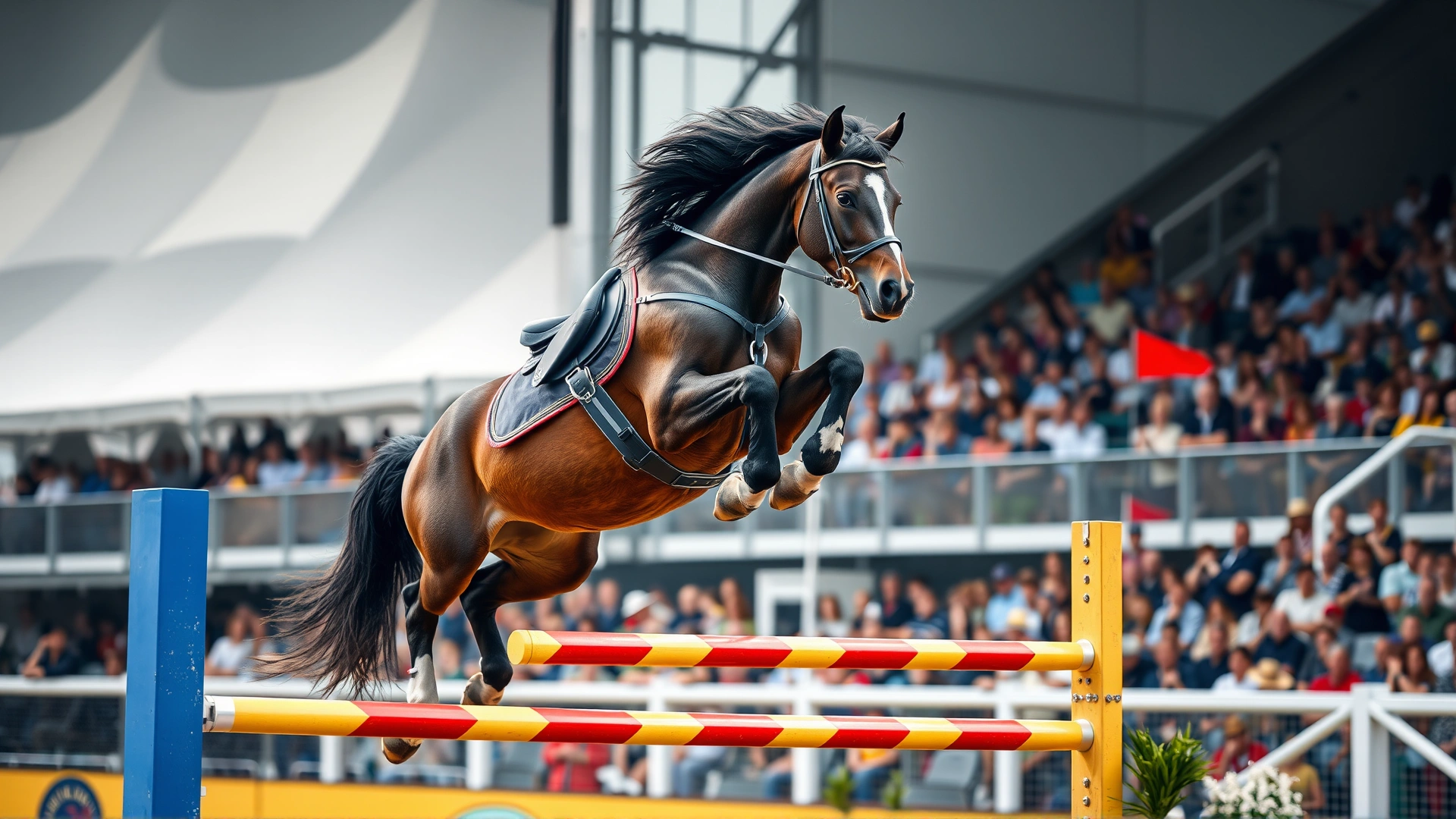 German Riding Pony mid-air over a colorful show-jump obstacle during competition, sharp focus, spectators blurred
