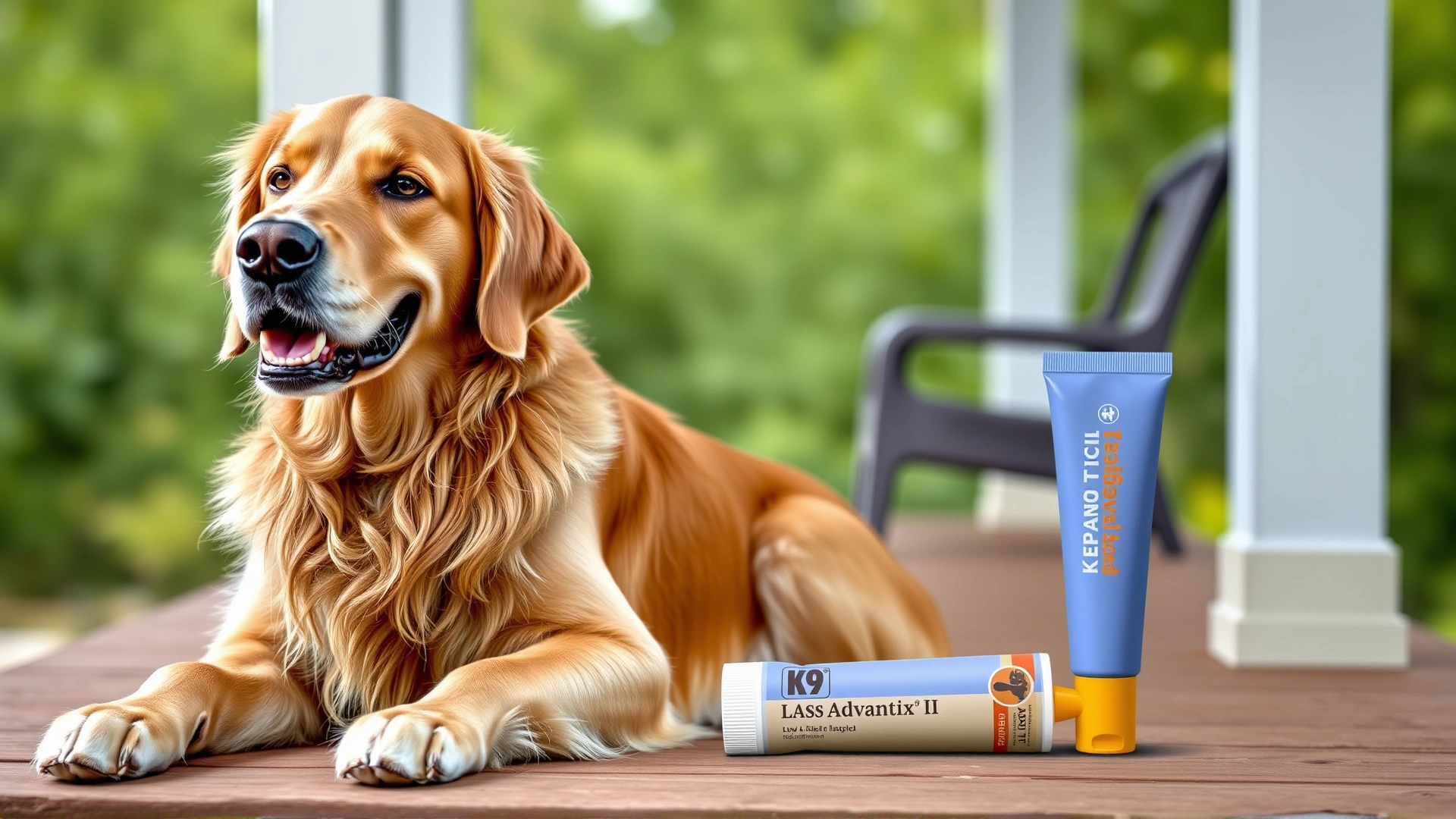 Golden retriever sitting on a wooden porch with a flea and tick topical tube beside it, representing K9 Advantix II usage.