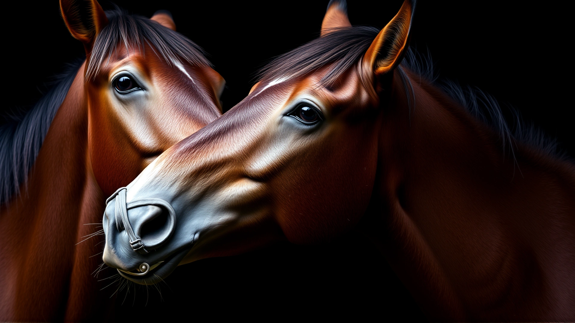 Close-up side profile portrait of a Kabarda horse highlighting its slightly convex nose, expressive eyes, and small alert ears, neutral dark background.