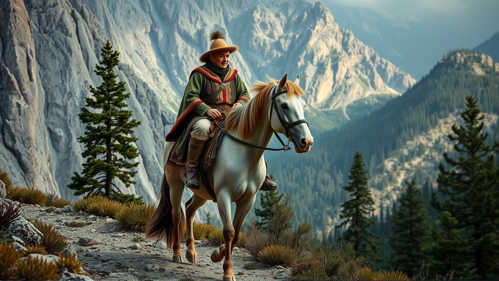 A rider in traditional Caucasian attire guiding a Kabarda horse along a rocky mountain trail with dramatic cliffs and pine forests around.