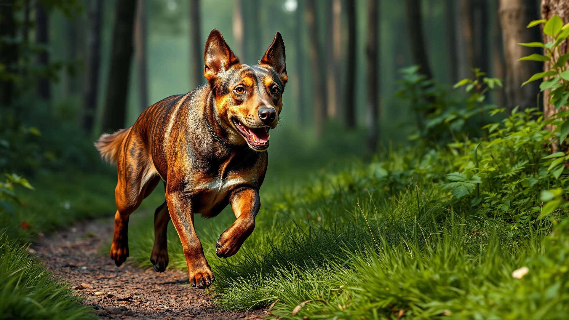 Kai Ken dog with distinct brindle coat running through a lush green forest path