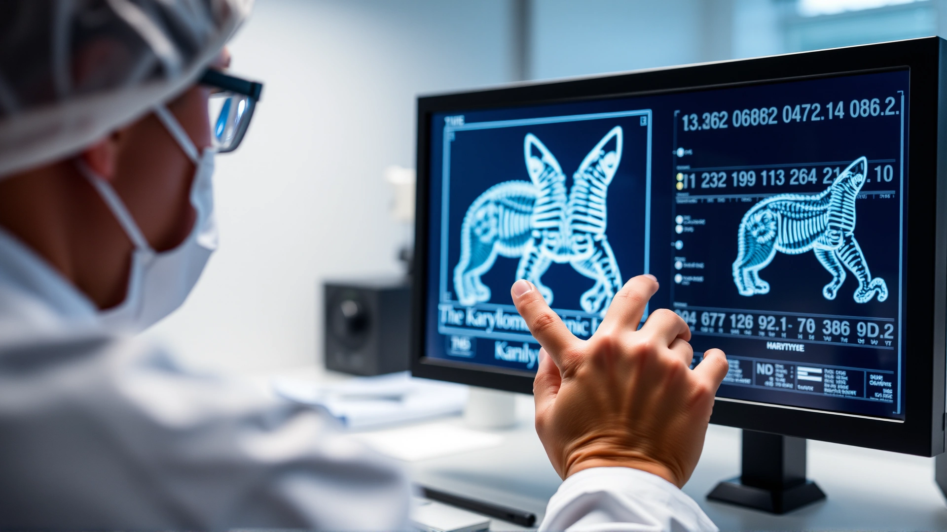 Close-up of a laboratory technician analysing a feline chromosome karyotype on a digital monitor, modern lab setting