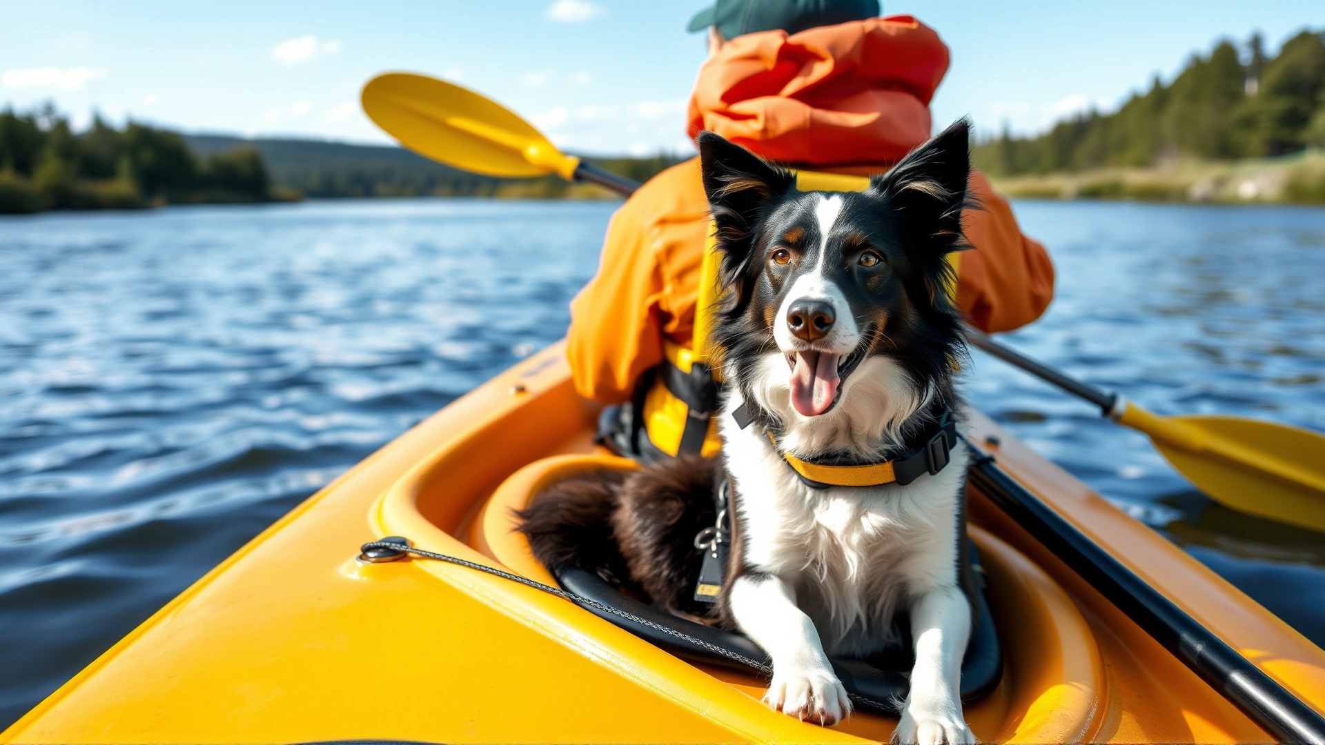 Person kayaking on a river with a well-behaved Border Collie seated at the bow, both wearing safety gear
