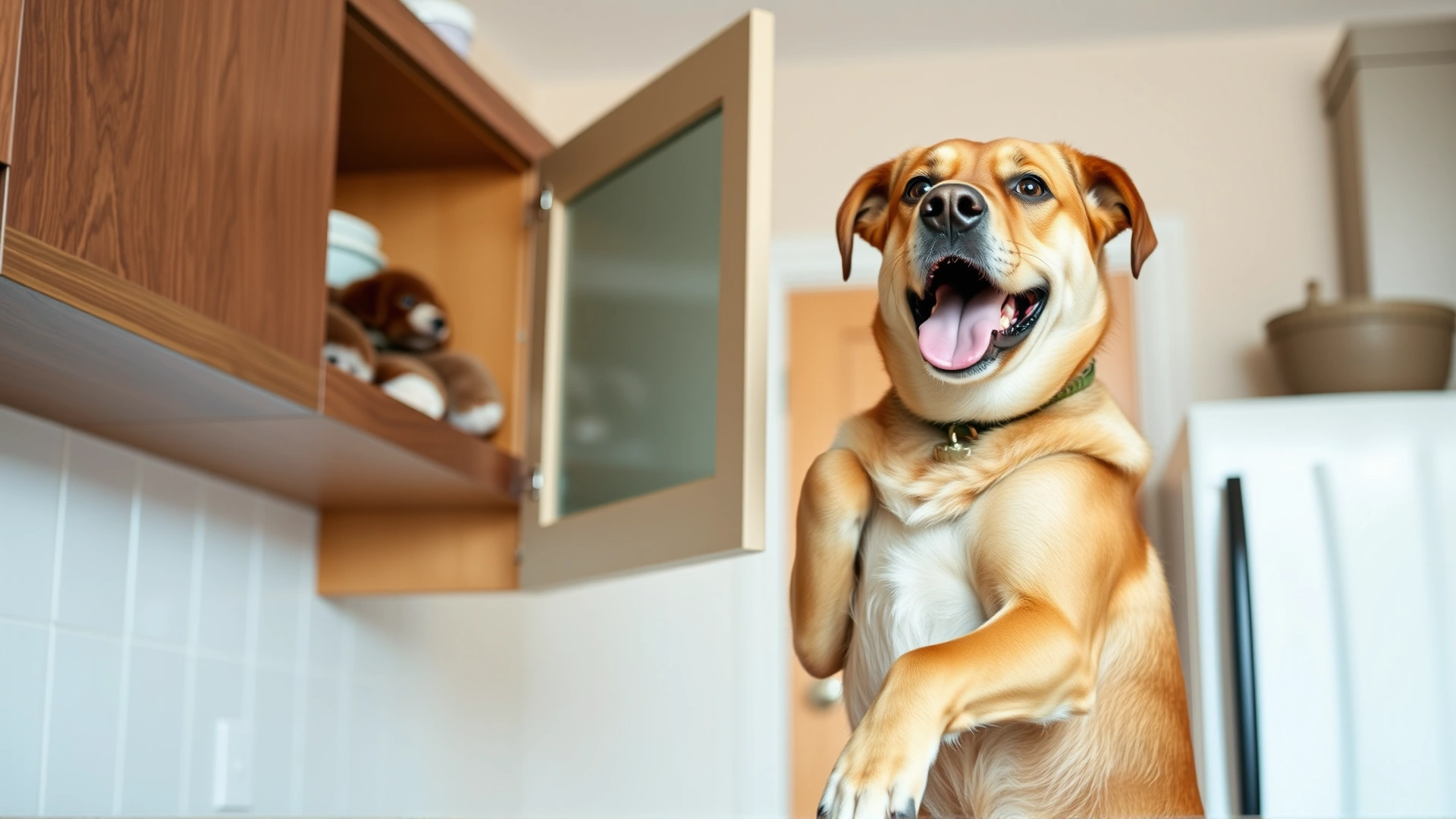 Dog owner storing chocolate in an upper kitchen cabinet out of reach from their jumping dog, bright and clean indoor setting