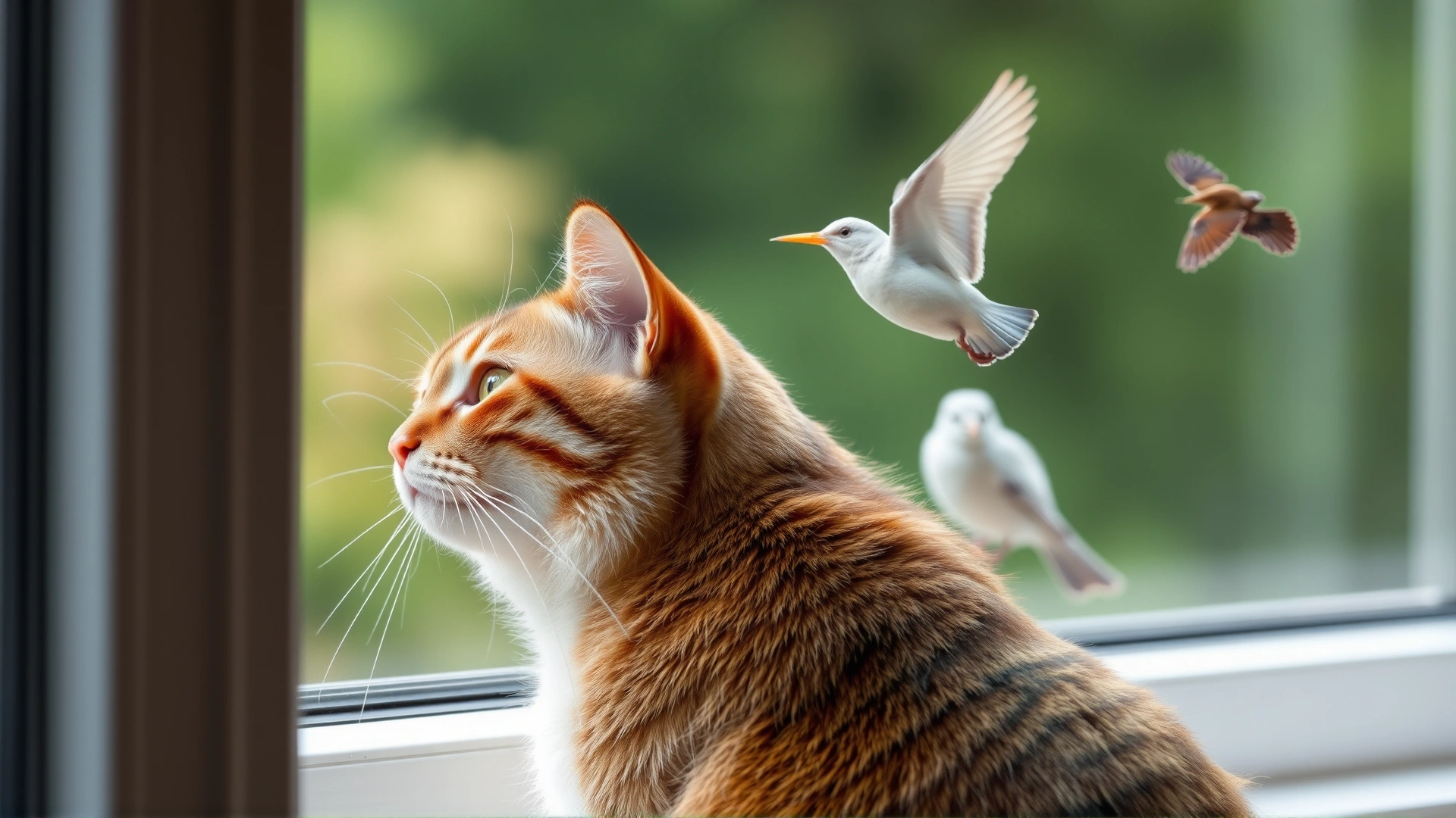 Domestic cat watching birds safely from inside a window, demonstrating responsible pet ownership.