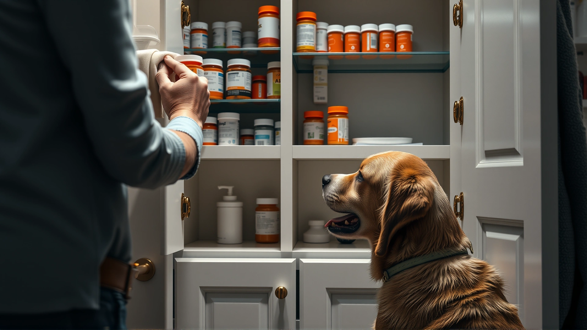 Dog owner placing various prescription pill bottles on a high shelf in a bathroom cabinet while a curious dog watches from the floor.