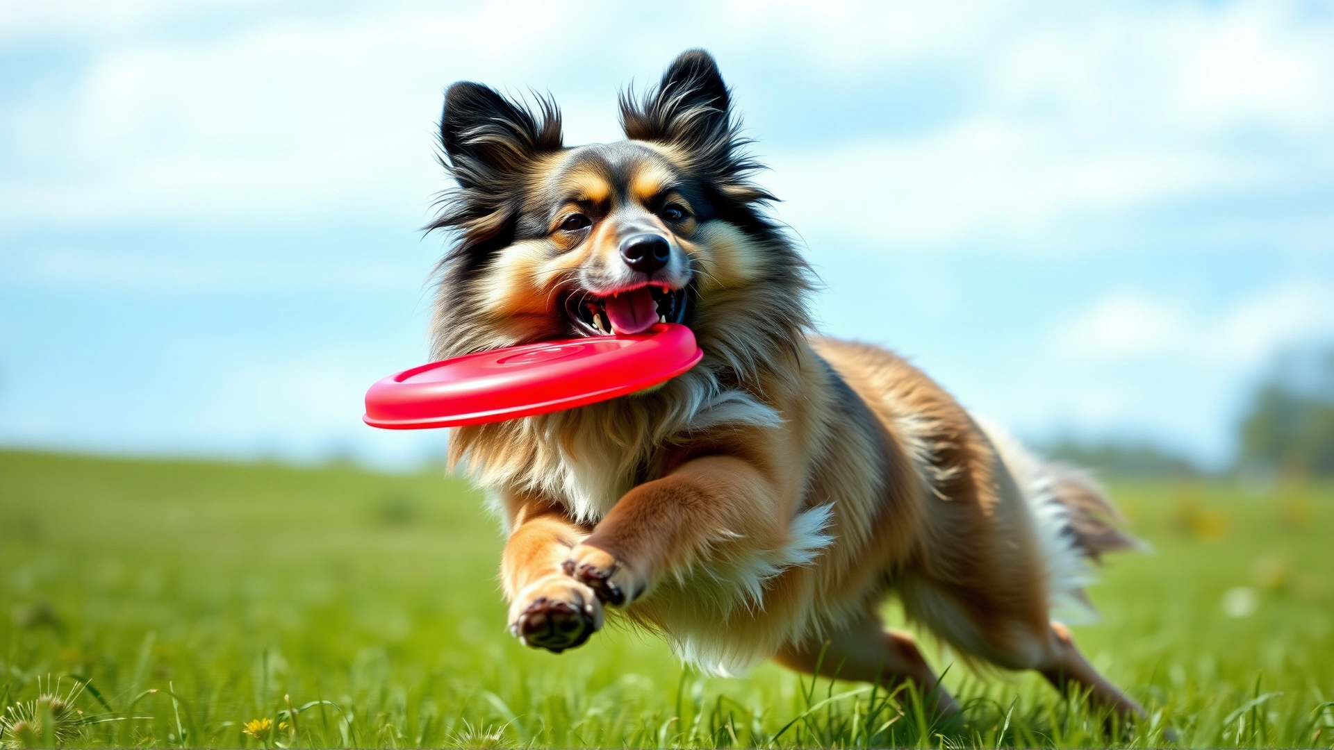 Energetic Keeshond sprinting across a green meadow with a bright red frisbee in its mouth, motion blur on legs, blue sky overhead
