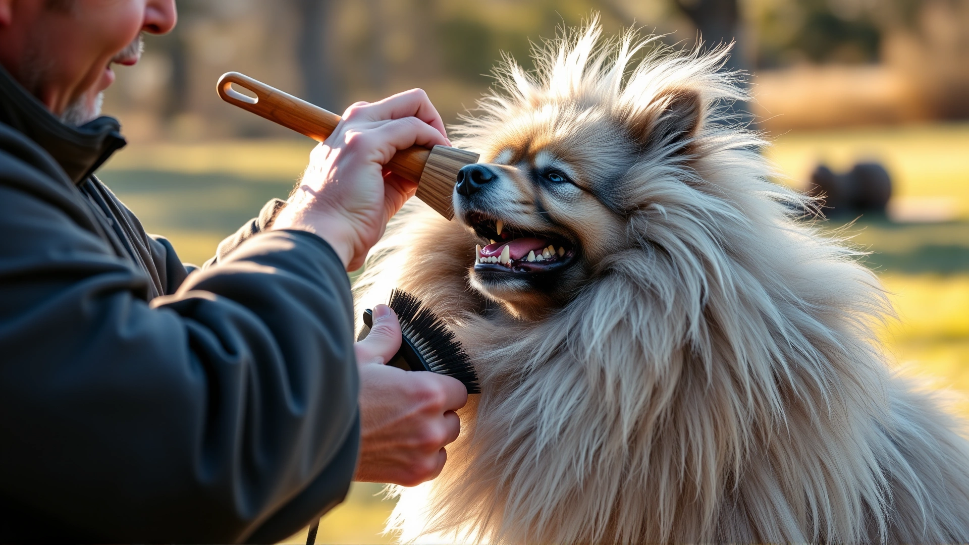 Owner brushing a Keeshond's thick double coat outdoors, loose fur flying, grooming tools visible, warm afternoon light