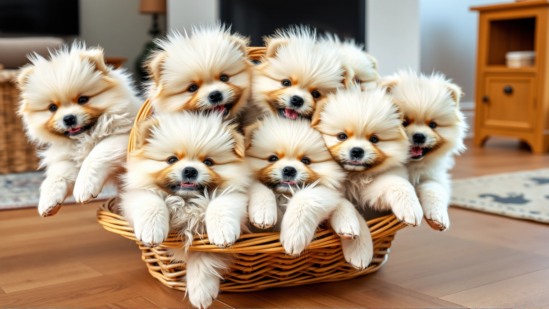 Group of fluffy Keeshond puppies tumbling out of a wicker basket on a cozy living room floor, playful and adorable