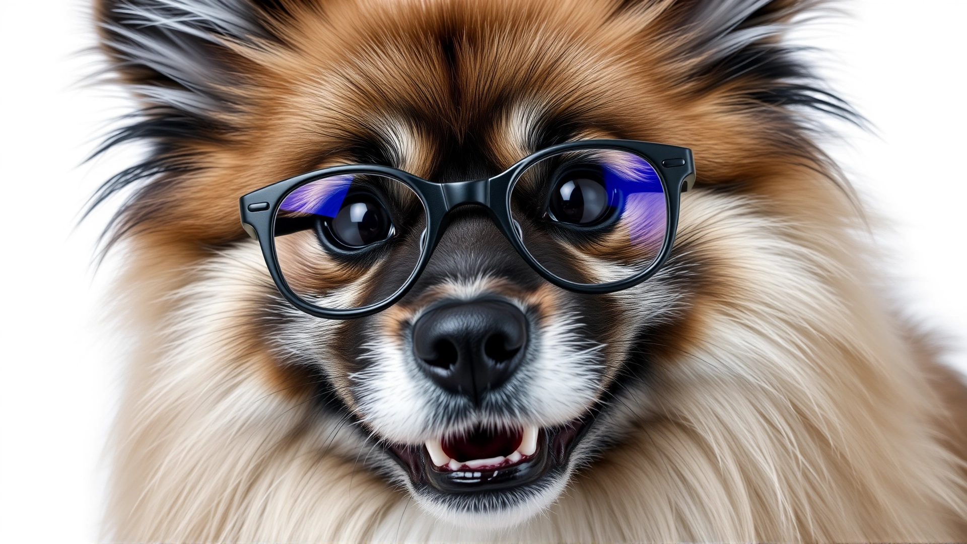 Close-up frontal portrait of a smiling Keeshond highlighting the dark 'spectacles' markings around its eyes, studio white background