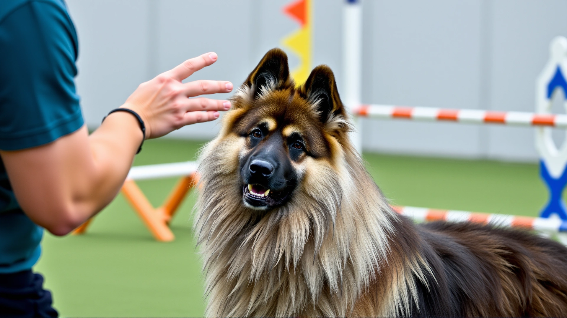 Professional dog trainer giving a hand signal to a focused Keeshond during an obedience class, agility equipment in background