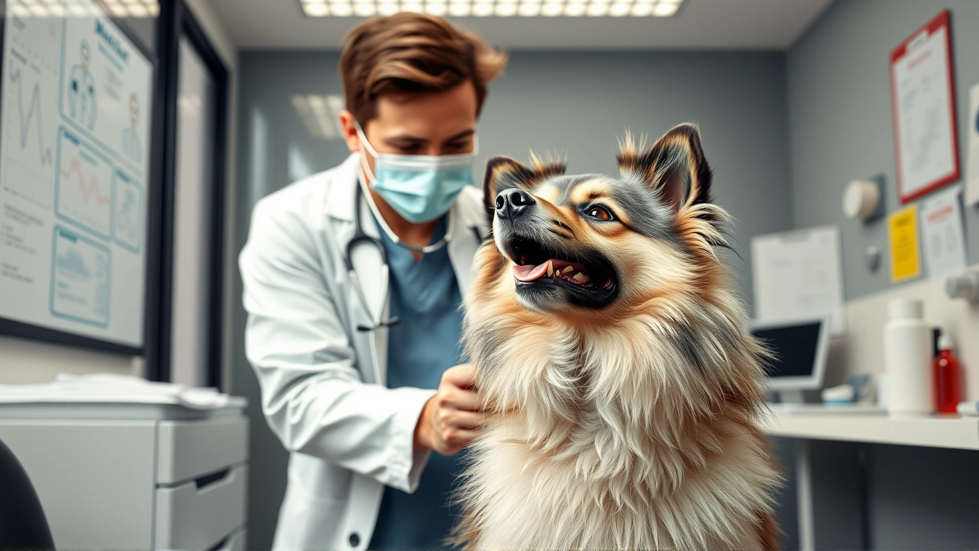 Veterinarian in a modern clinic listening to a Keeshond's heartbeat with a stethoscope, medical charts on the wall
