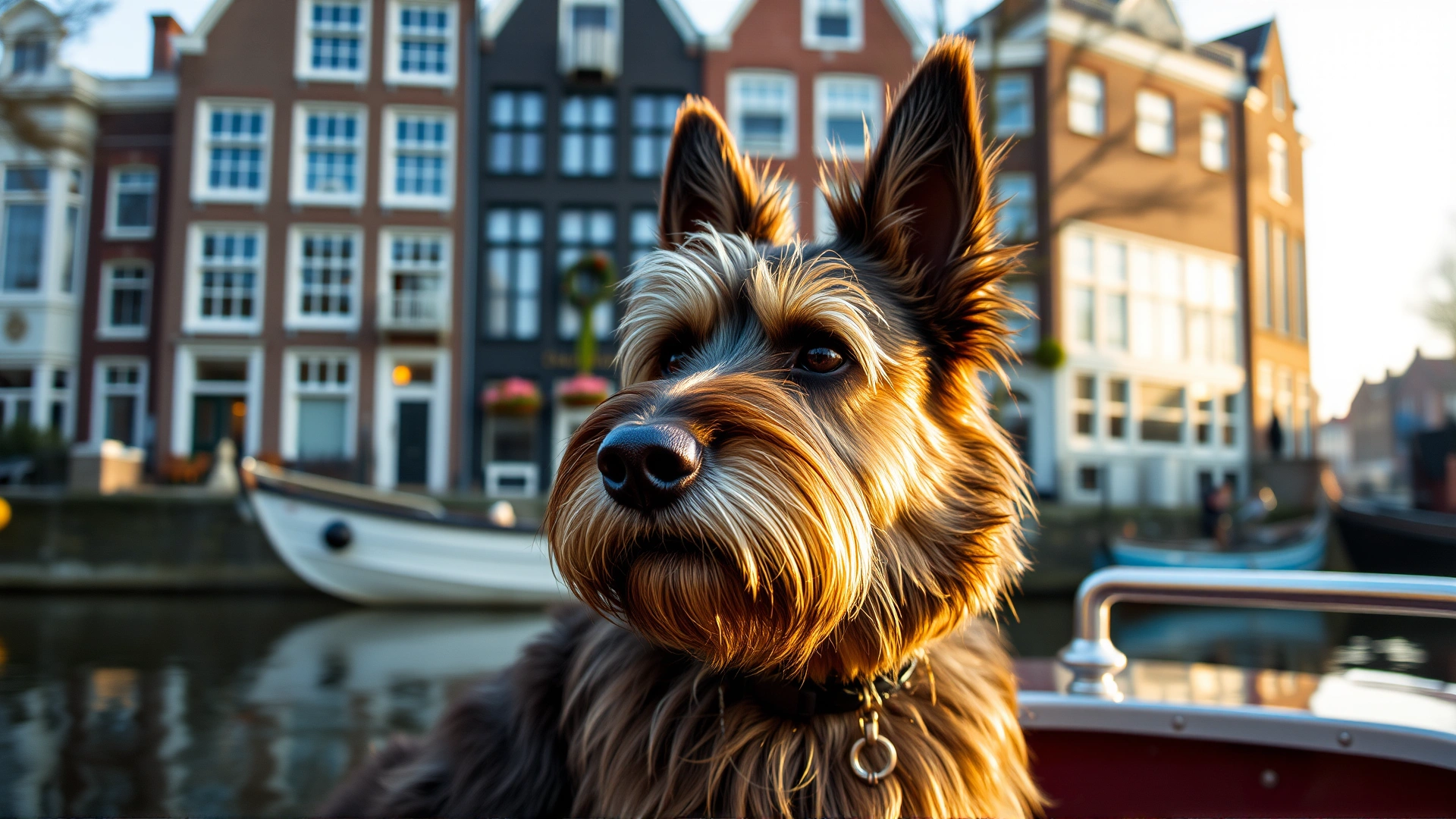Close-up of an alert Keeshond sitting on a canal boat in Amsterdam, water reflections and classic brick houses behind, early morning light