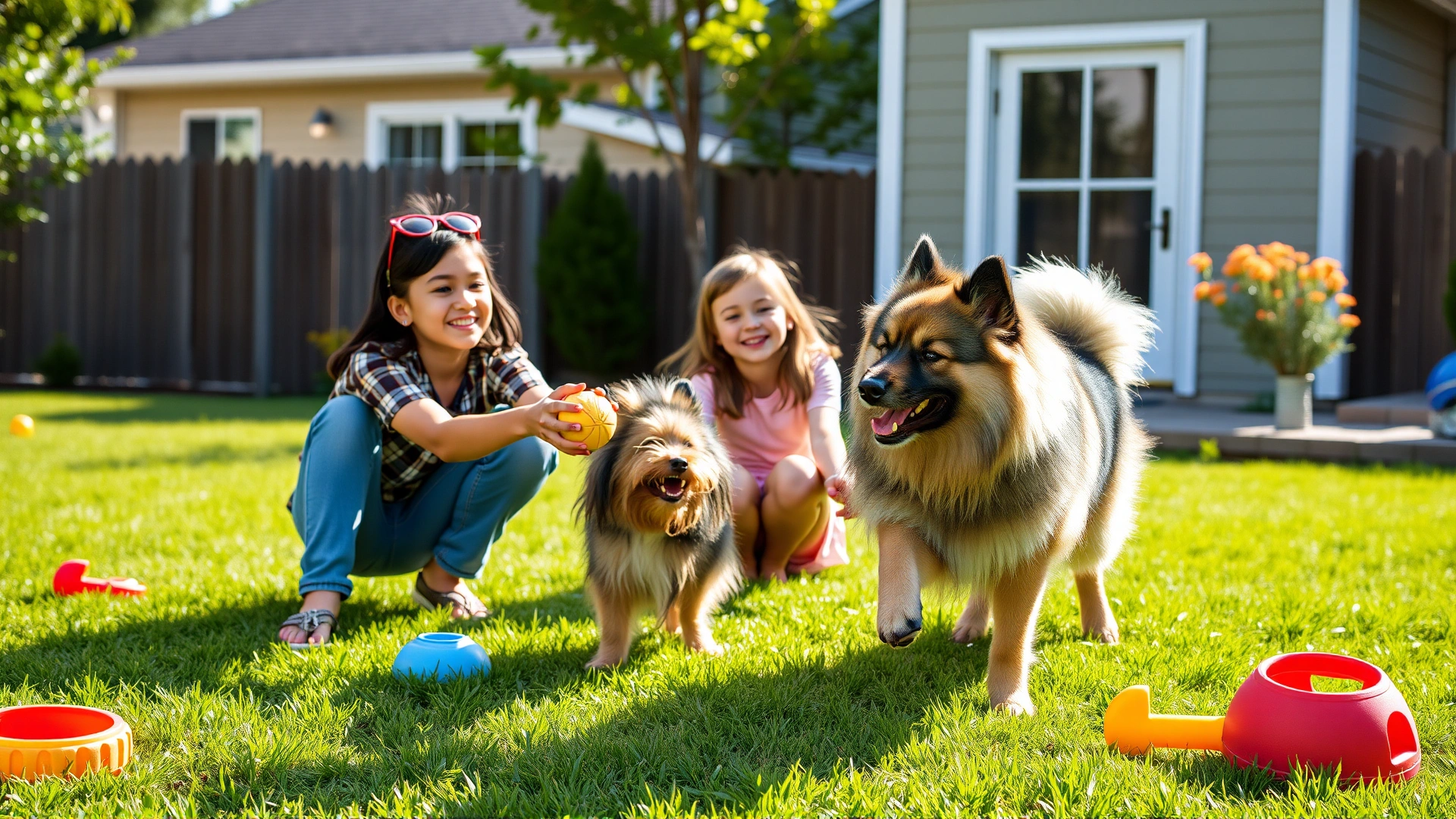 Young family of four playing catch with their Keeshond in a sunny suburban backyard, vibrant green grass and colorful toys around