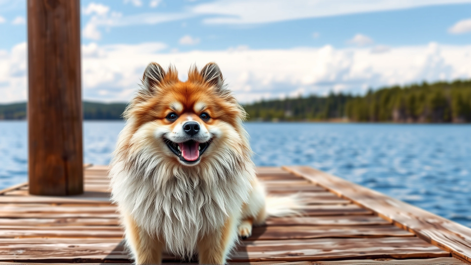 A smiling Keeshond on a wooden dock by a lake, with its signature 'spectacles' fur pattern visible.