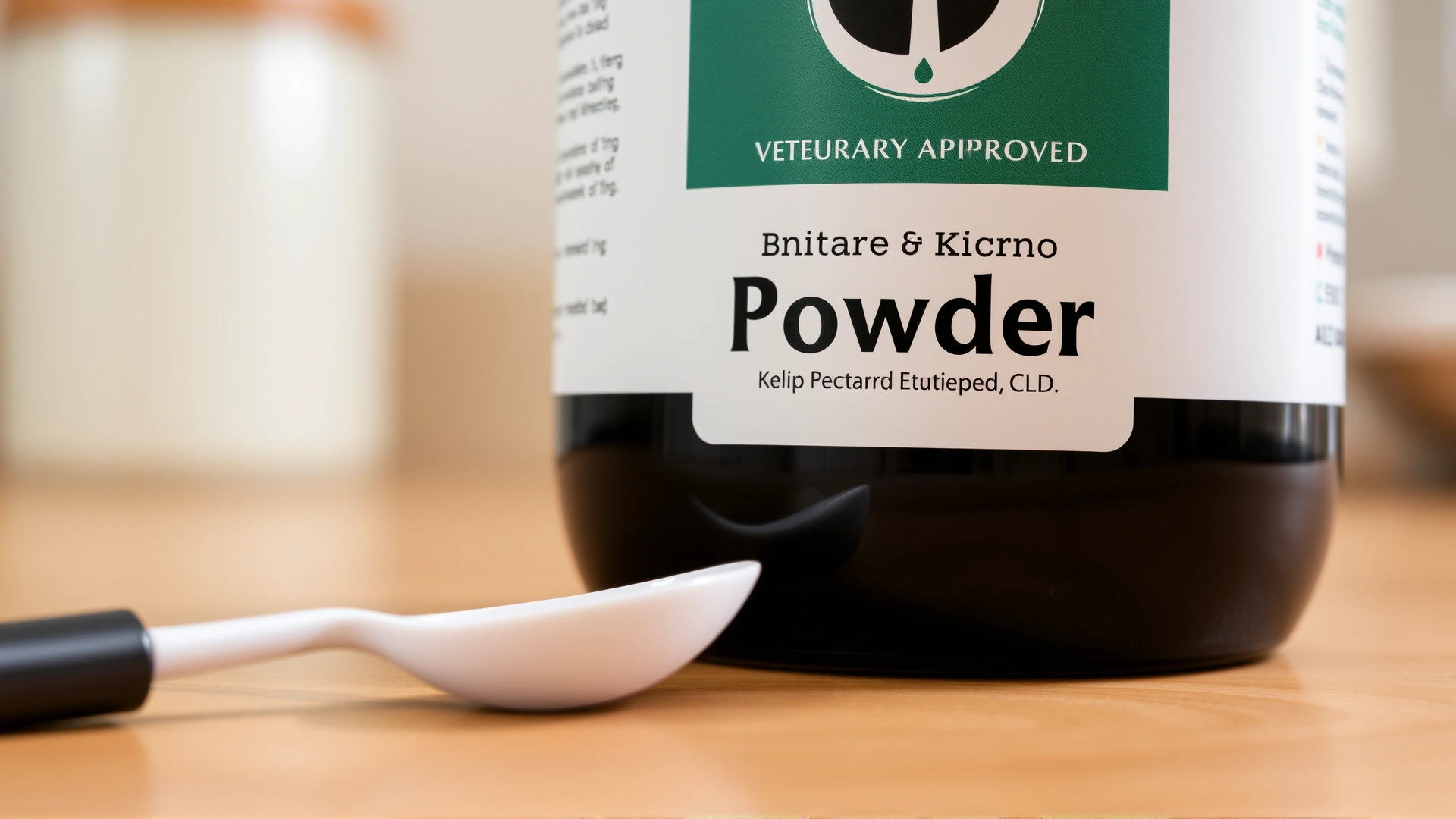 Close-up of an opened container of veterinary-approved kelp powder with a plastic measuring spoon next to it on a kitchen countertop, neutral background.