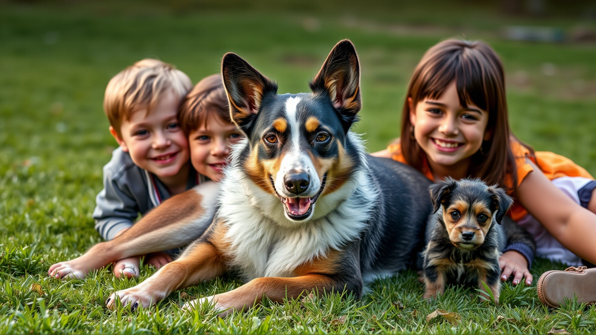 Australian Kelpie lying on green grass with two smiling children and a small terrier, conveying family compatibility and gentle temperament.