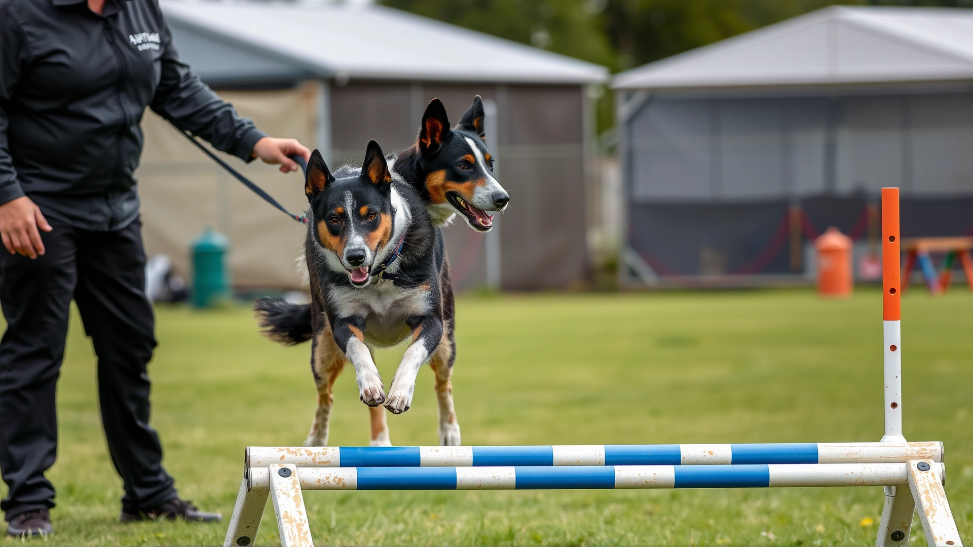Professional trainer guiding an Australian Kelpie over an agility A-frame in an outdoor training field.