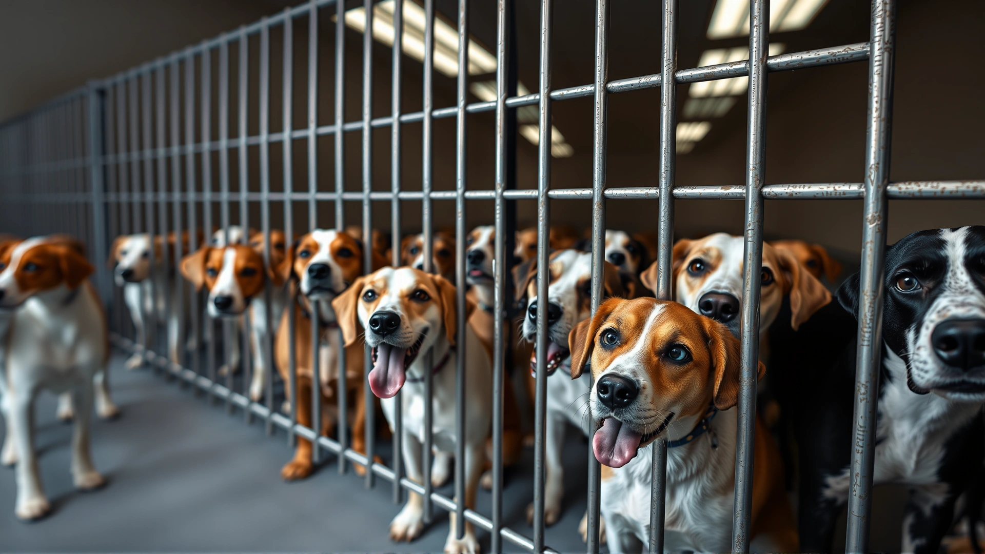 Wide shot of multiple dogs in clean boarding kennels looking out through bars, emphasizing crowded environment