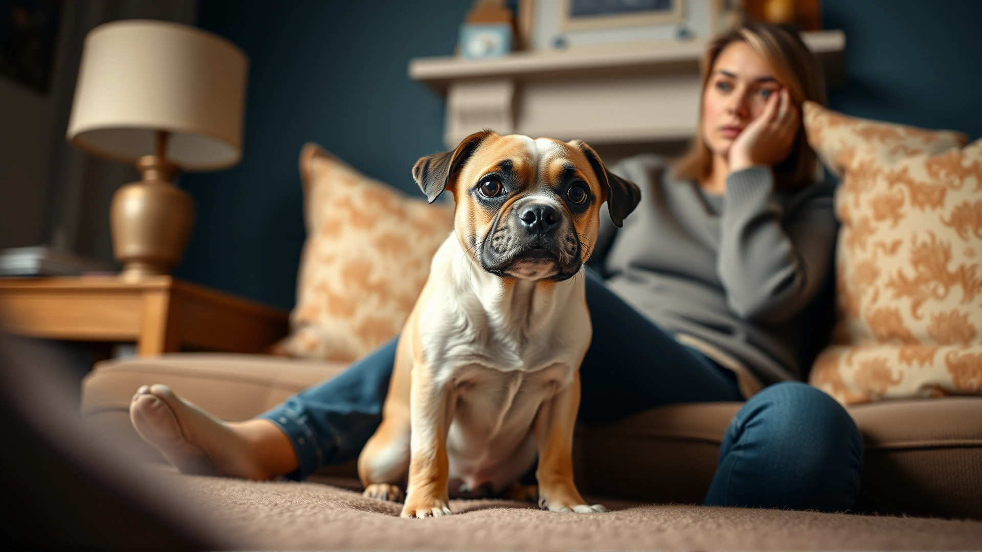 Small dog coughing while sitting in a cozy living room, owner beside it showing concern.