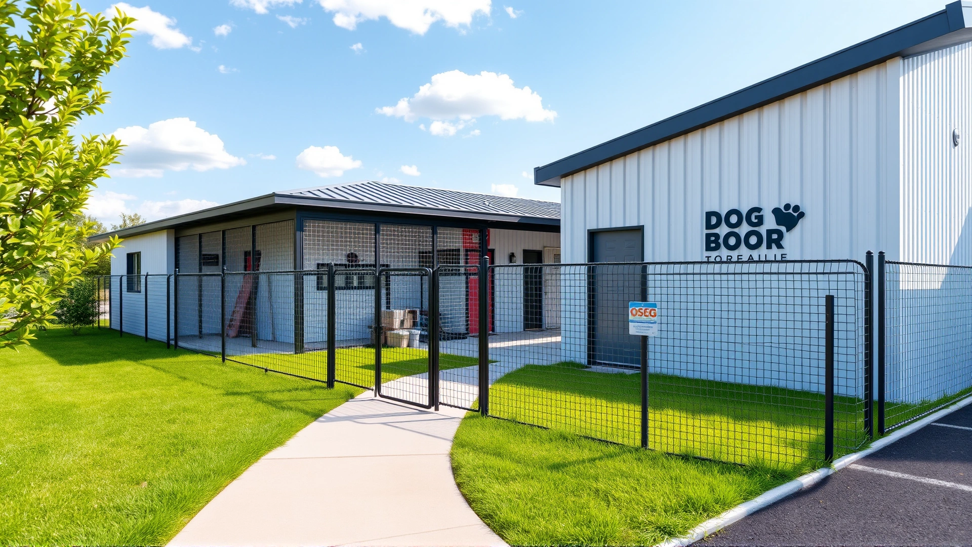 Exterior shot of a modern, well-kept dog boarding facility with green lawn and secure fencing, captured on a sunny day.