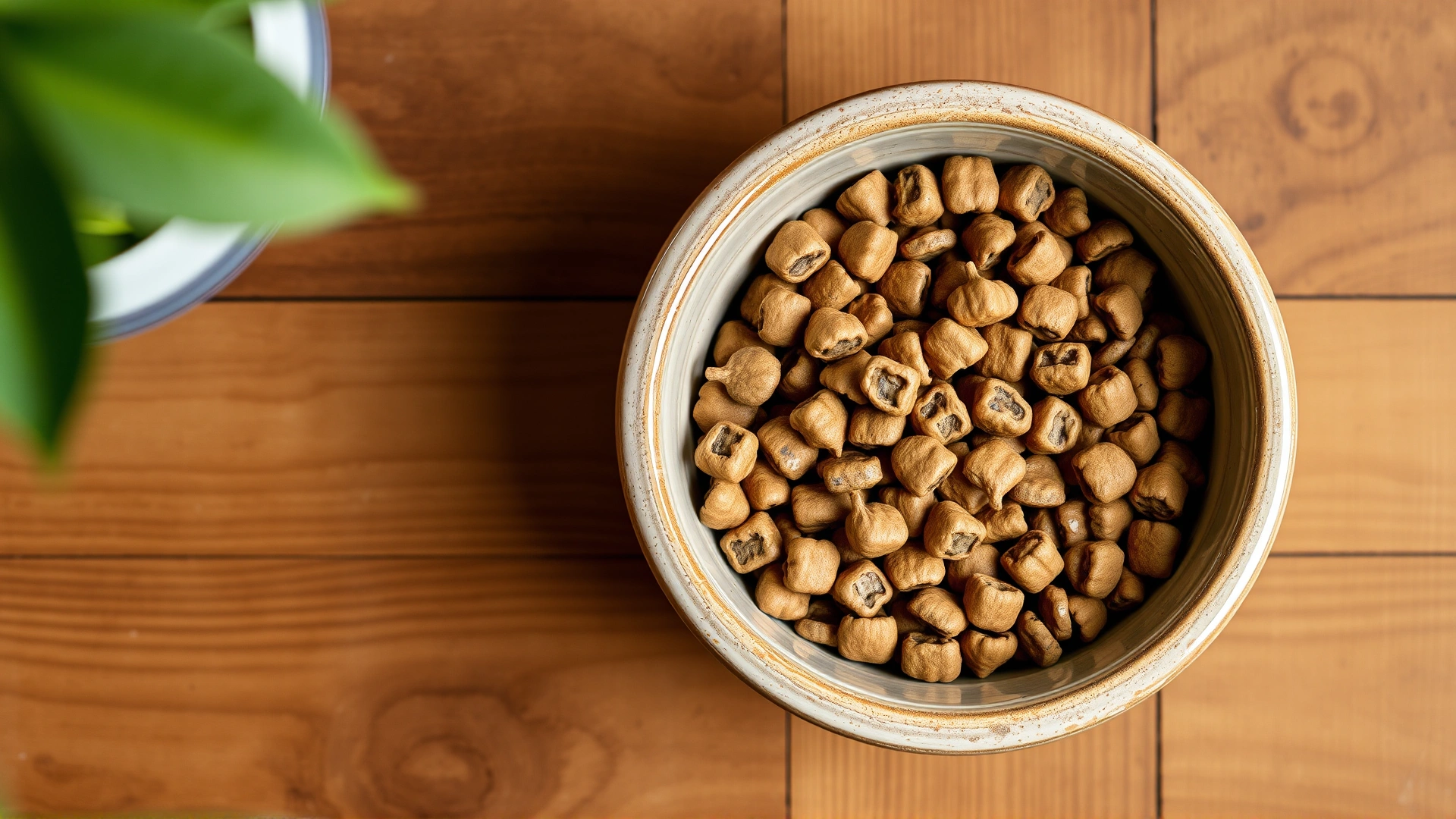 Top view of a ceramic bowl filled with dry dog kibble placed on a wooden table