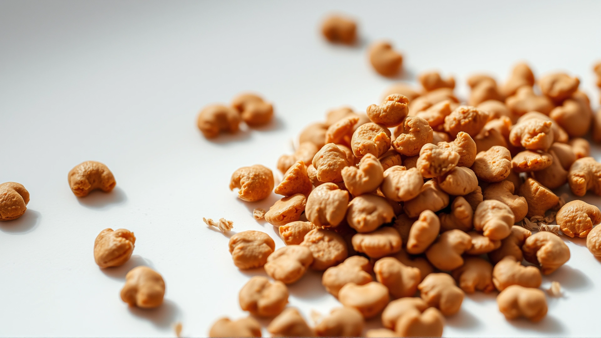 Macro shot of dry hydrolyzed protein cat kibble scattered on a clean white surface