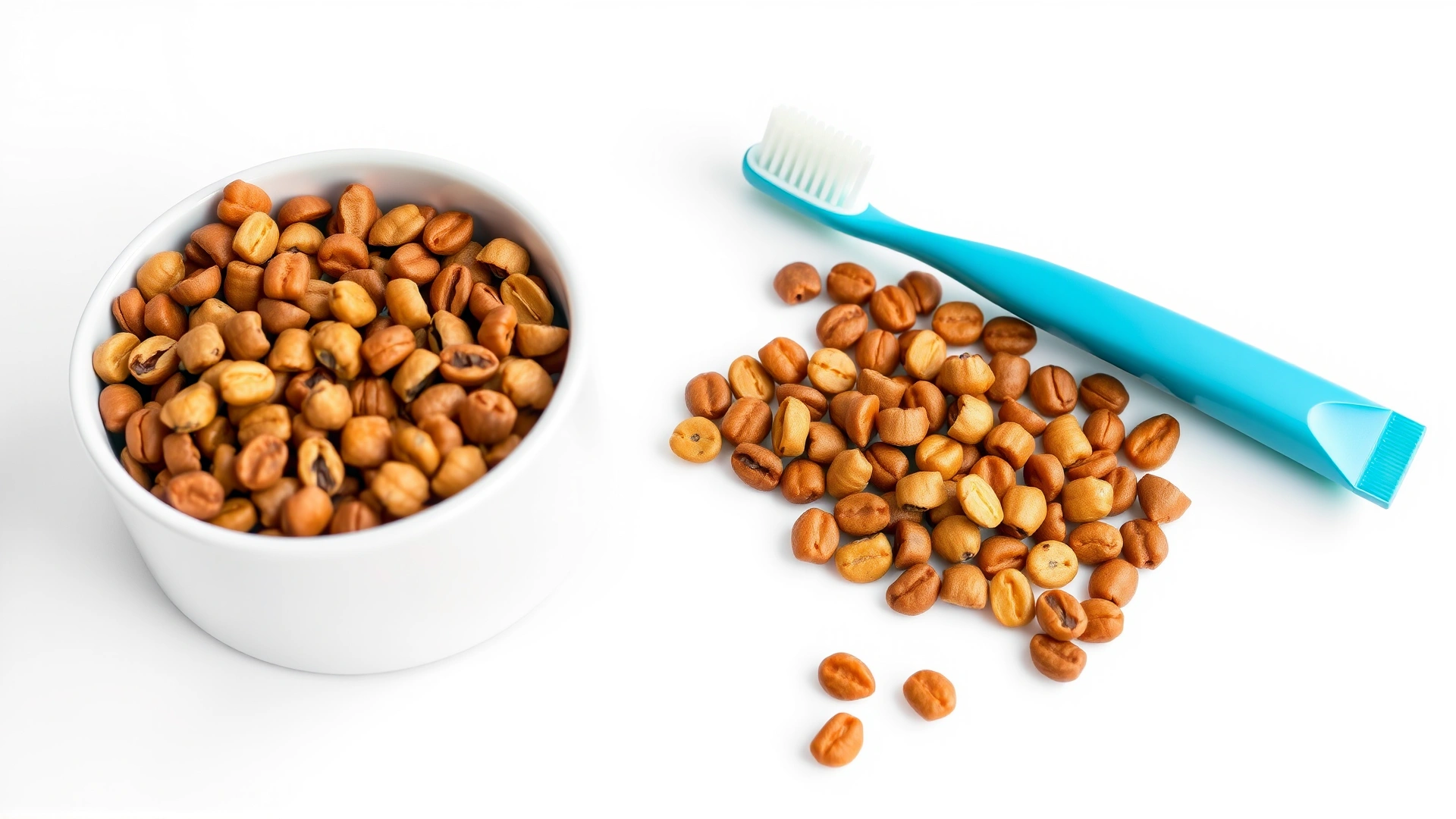 Split image: on one side a bowl of dry kibble, on the other a pet toothbrush and toothpaste, on a white background