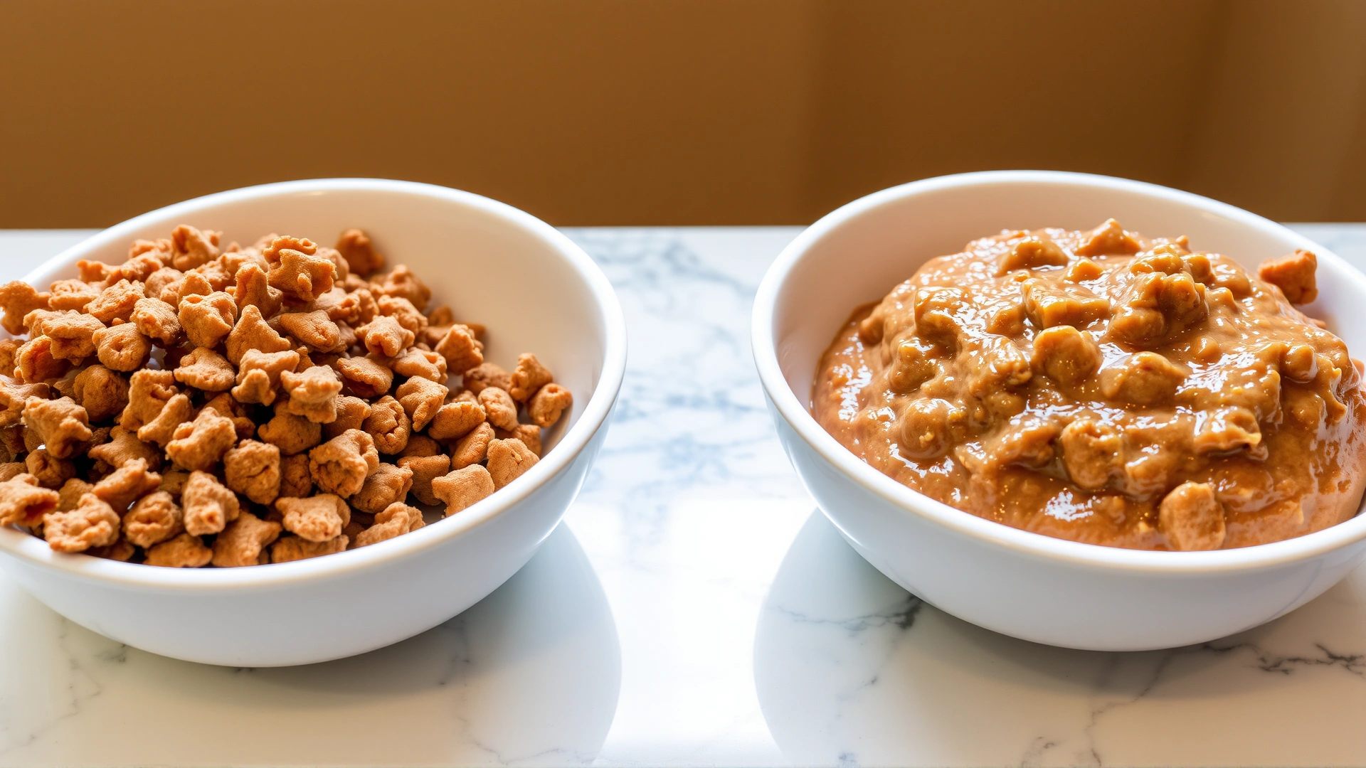 Two bowls side by side: one with crunchy brown kibble, the other with moist pâté-style wet food, placed on a marble countertop.