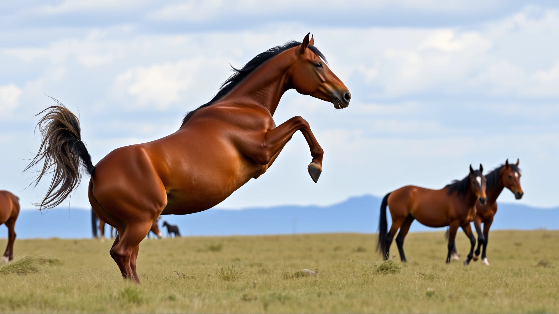 Brown horse in an open field kicking its hind legs high while other horses graze calmly in the background.
