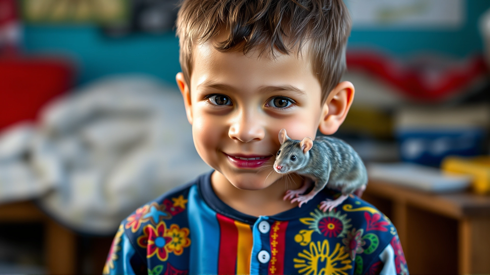 Ten-year-old child wearing colorful shirt with a pet rat perched on shoulder, candid moment of bonding