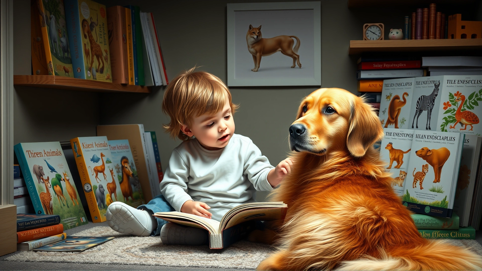 A young child sitting on the floor in a cozy reading nook, surrounded by colorful animal encyclopedias, while petting a relaxed golden retriever.