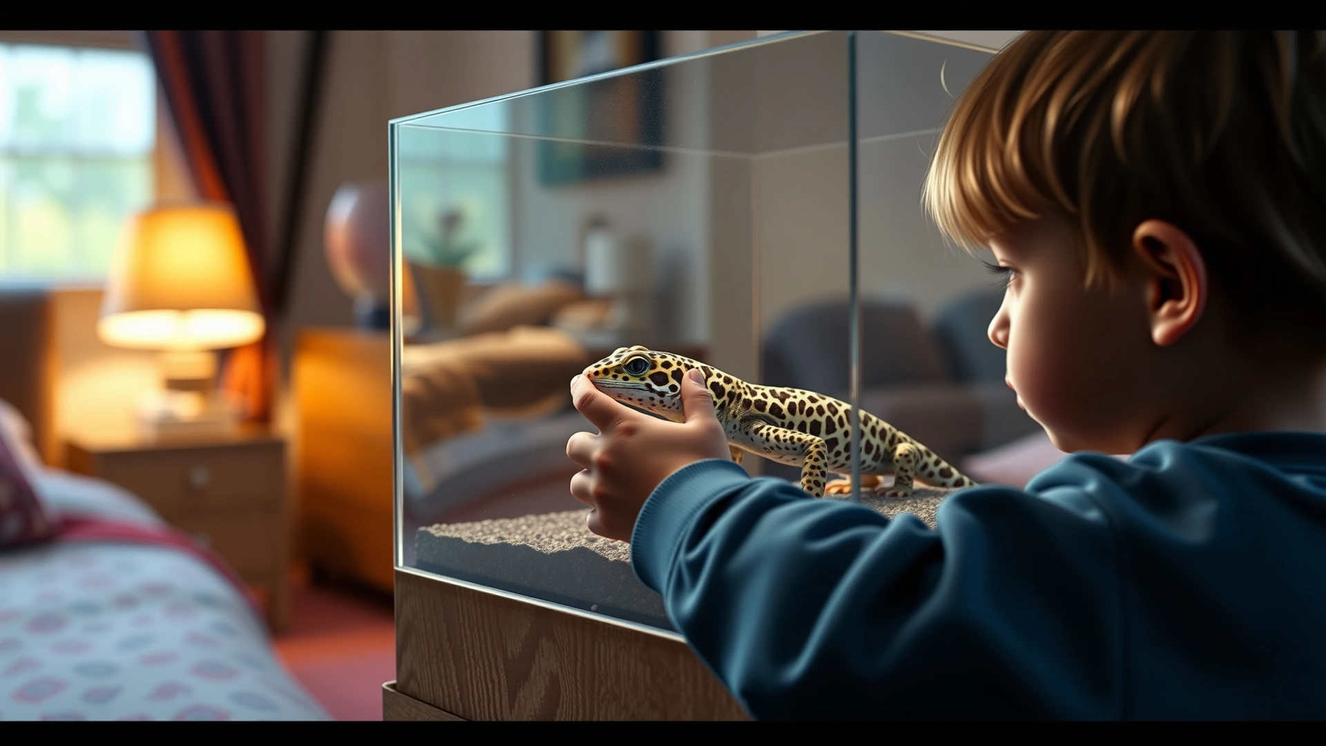 A child carefully observing a leopard gecko through a glass terrarium in a bedroom setting; warm ambient lighting; no text