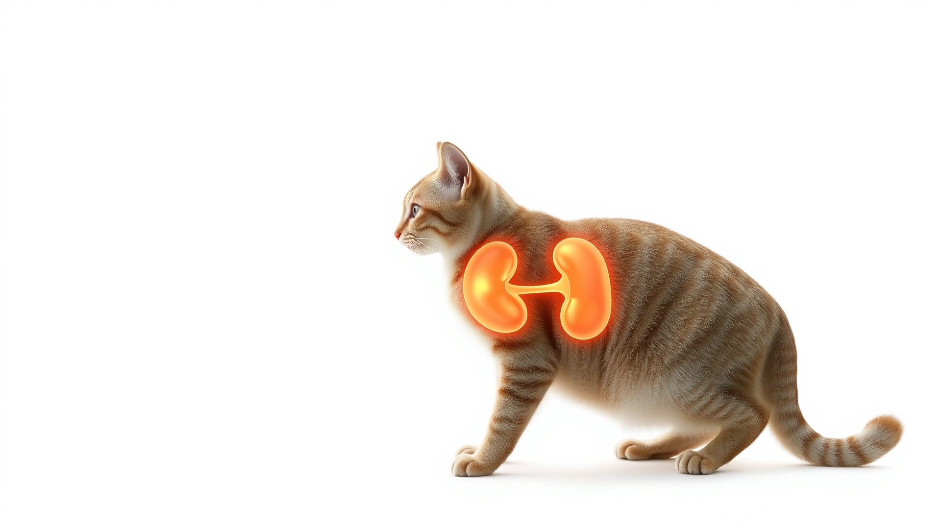 Side profile of a healthy adult cat with semi-transparent glowing kidney organs illustrated in the correct anatomical position, no text, white background
