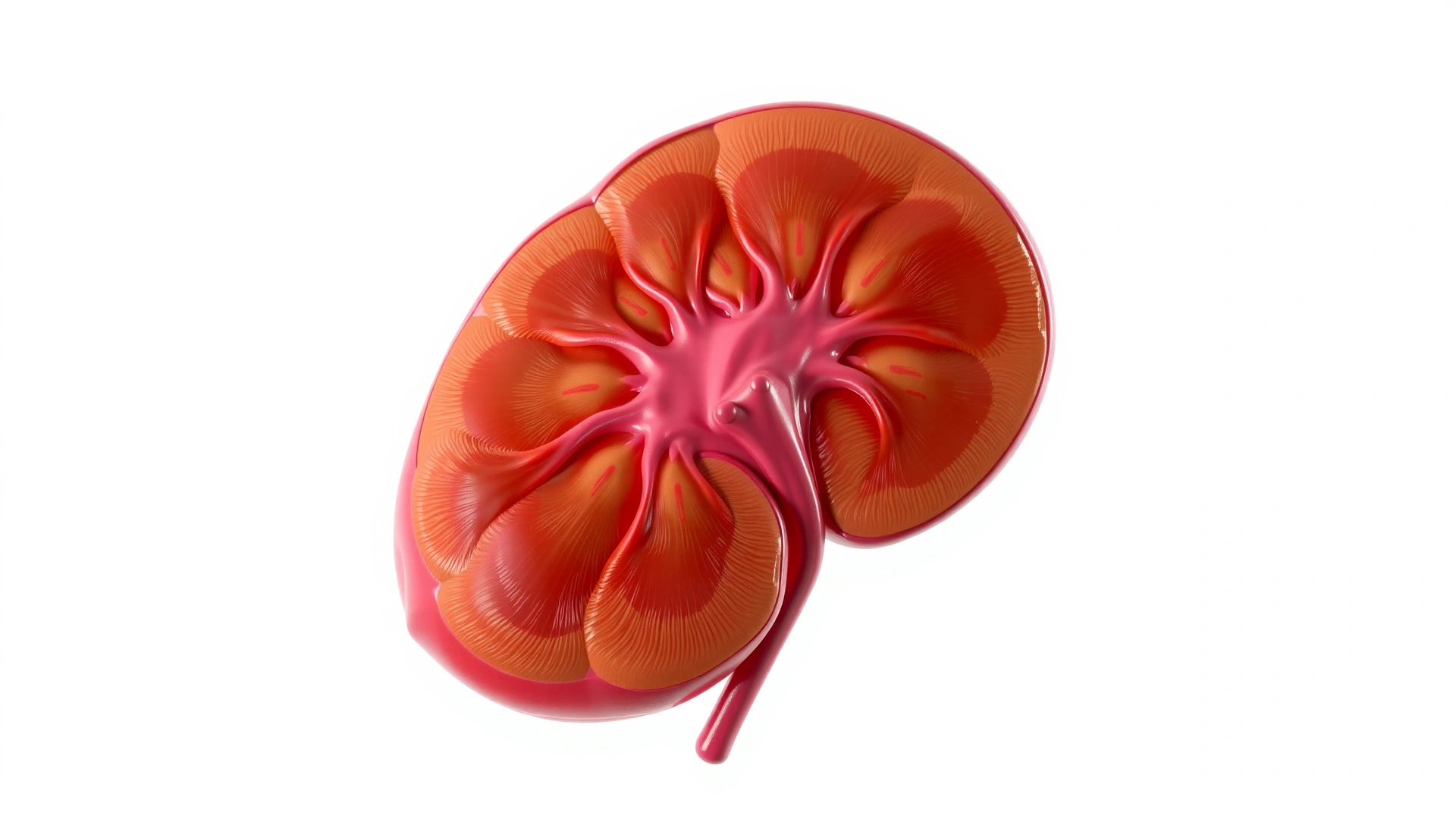 Artistic 3D render of a healthy feline kidney in bright colors, isolated on white background