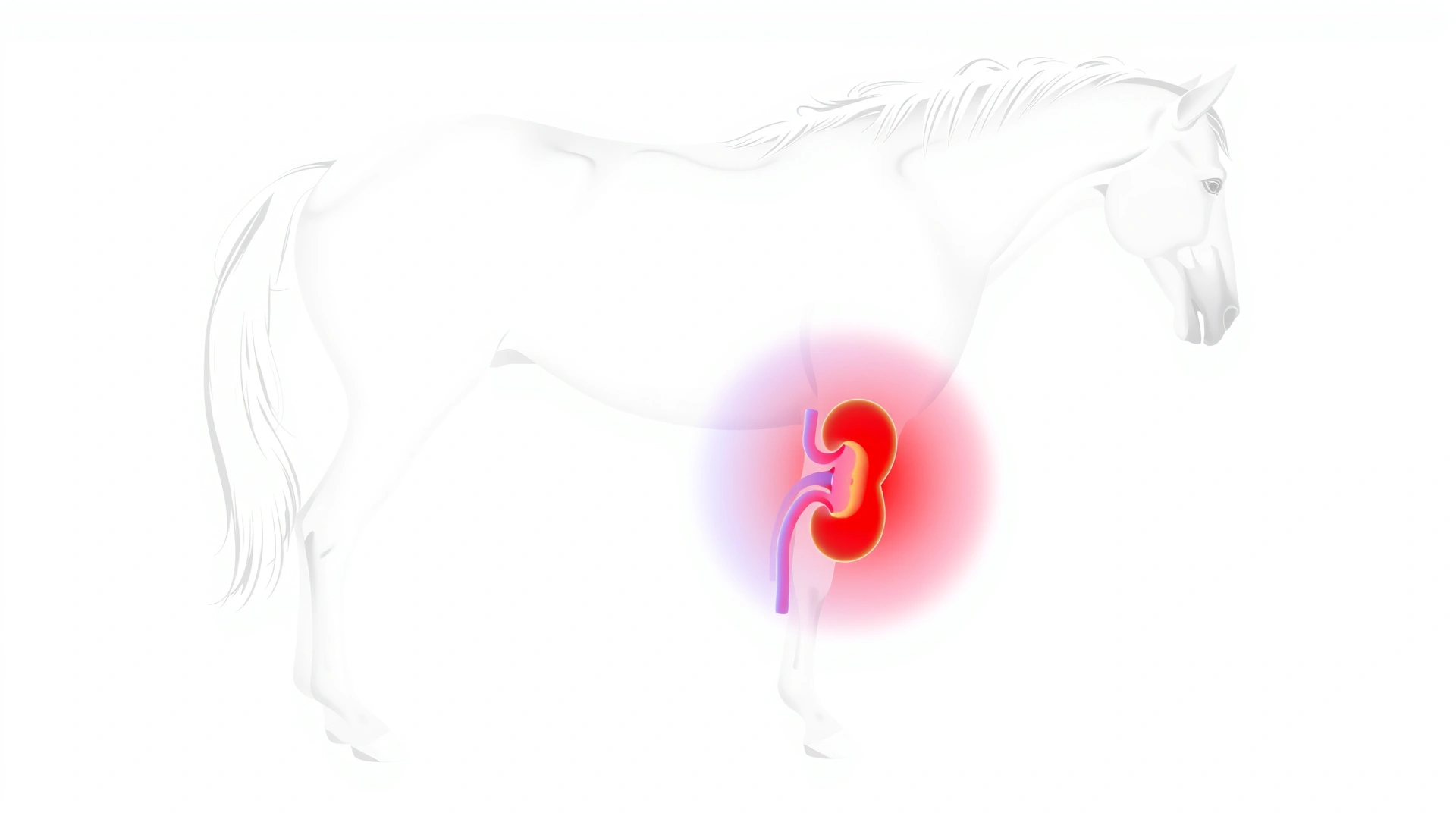 Clean digital illustration of a horse silhouette with the kidneys highlighted in red and blue, white background for educational emphasis