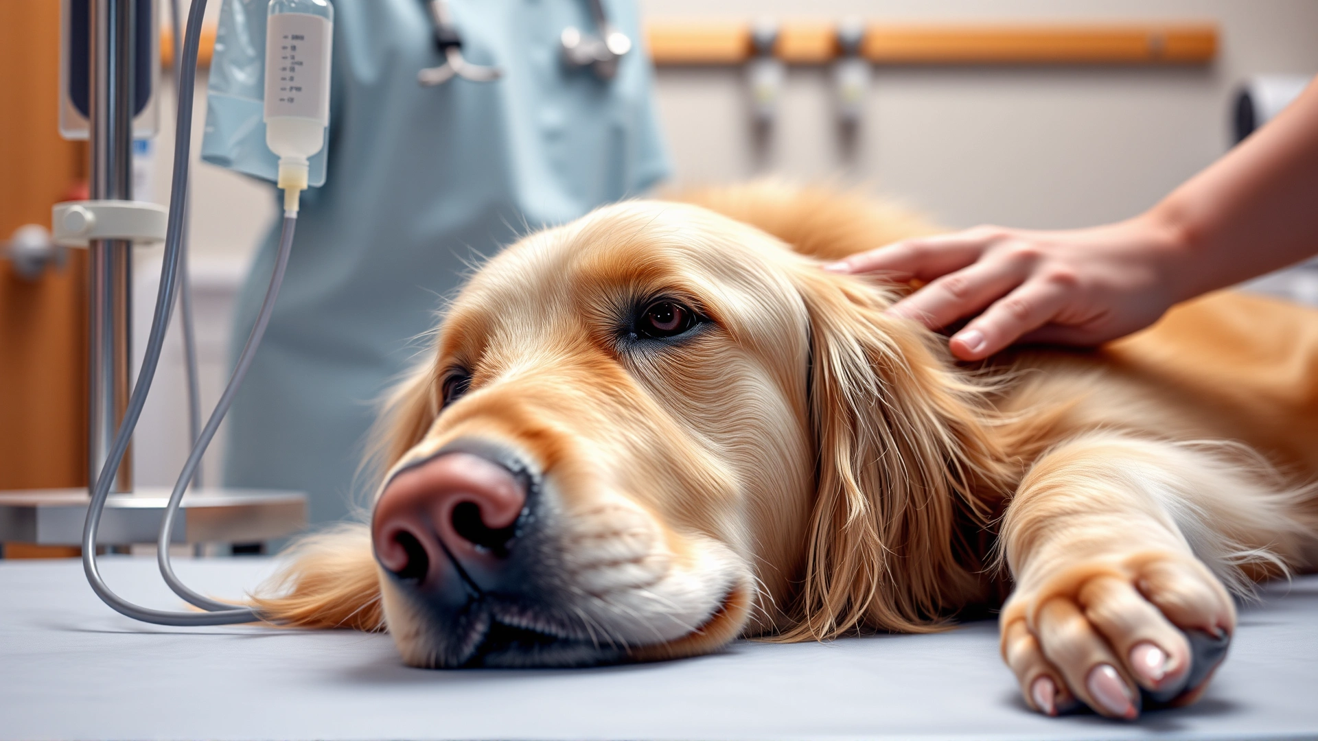 Golden retriever lying calmly while receiving IV fluids at a veterinary hospital, drip stand visible, caring technician petting the dog.