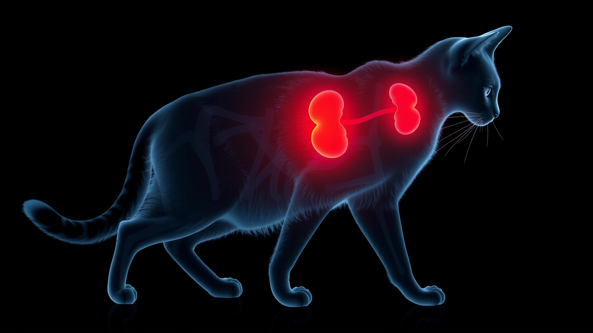 Illustrative image of a translucent silhouette of a cat with glowing red highlighted kidneys to visualize the organ location, no text