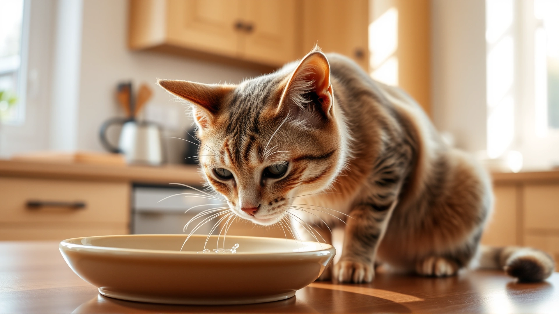 An elderly domestic short-haired cat drinking water from a ceramic bowl in a sunlit kitchen, highlighting increased thirst symptom.