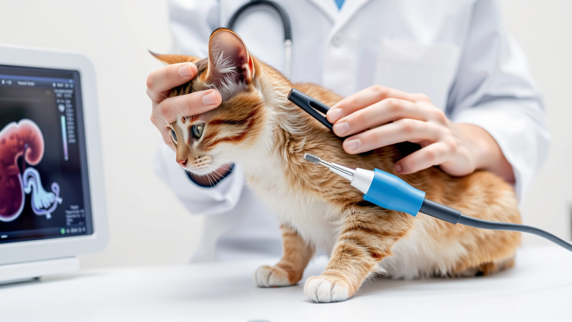 Veterinarian holding an ultrasound probe against a cat’s abdomen while looking at a screen that is slightly out of focus; conveys kidney examination