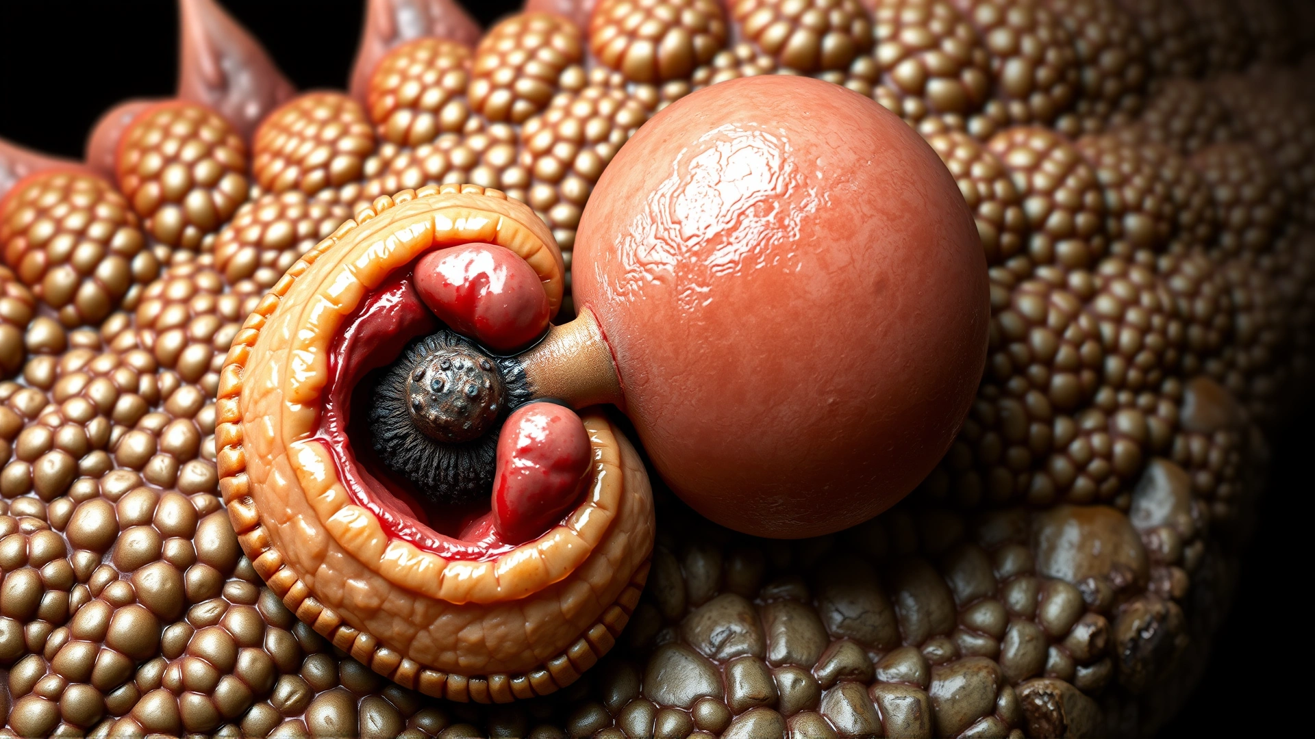 Medical illustration of a reptile kidney showing a localized dark tumor mass, detailed, no text