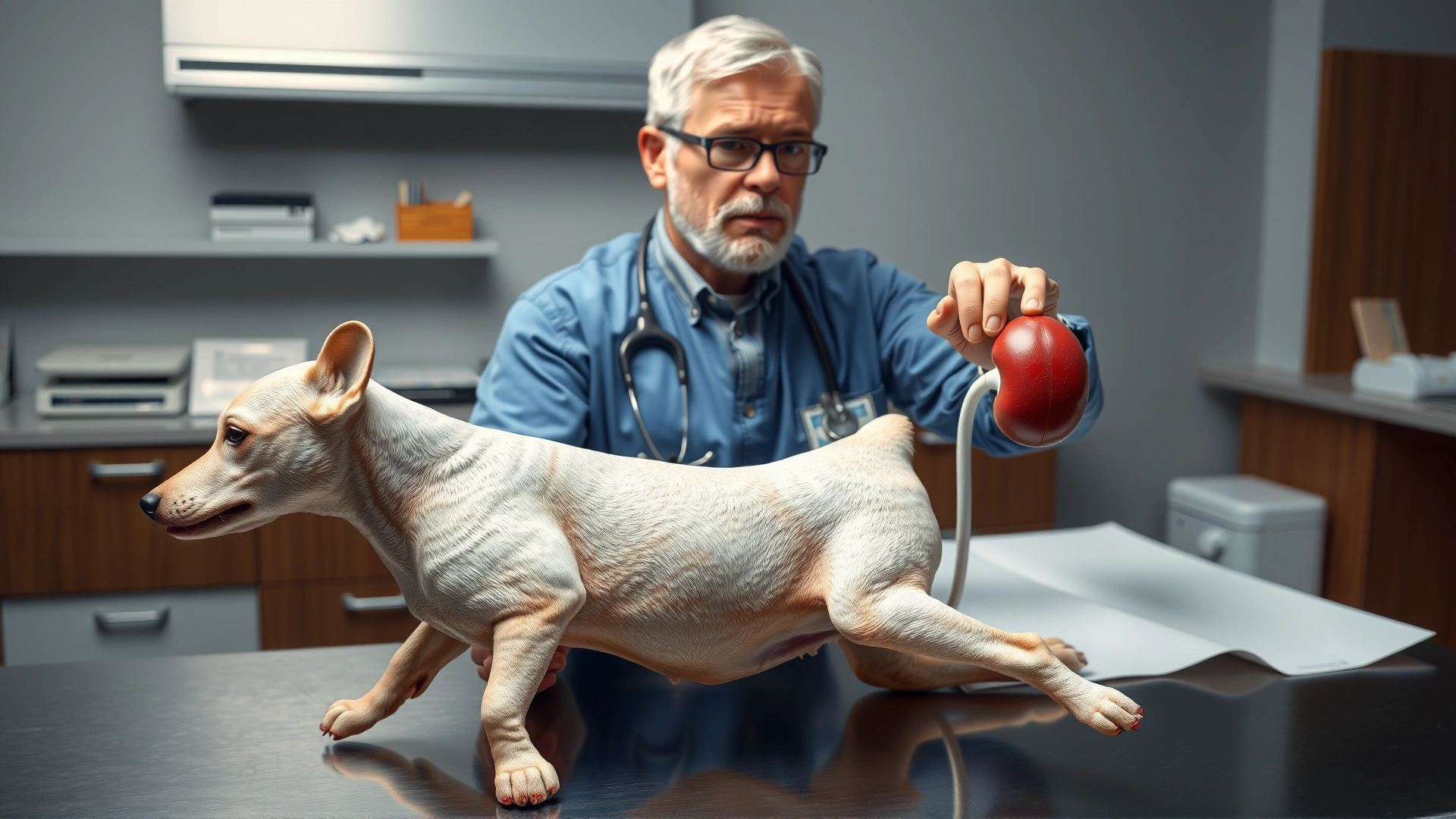 Illustrative photo of a veterinarian pointing at a canine kidney model on a consultation table (no text on model)