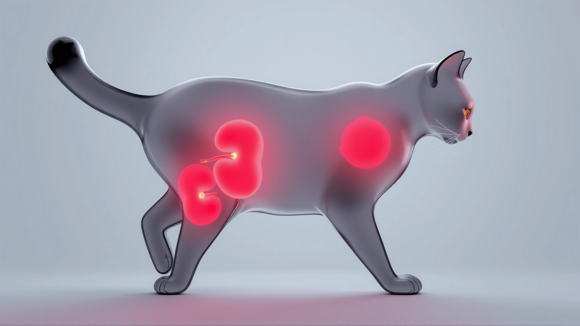 Artistic 3D illustration of a translucent cat silhouette highlighting glowing kidneys, neutral background, no text.