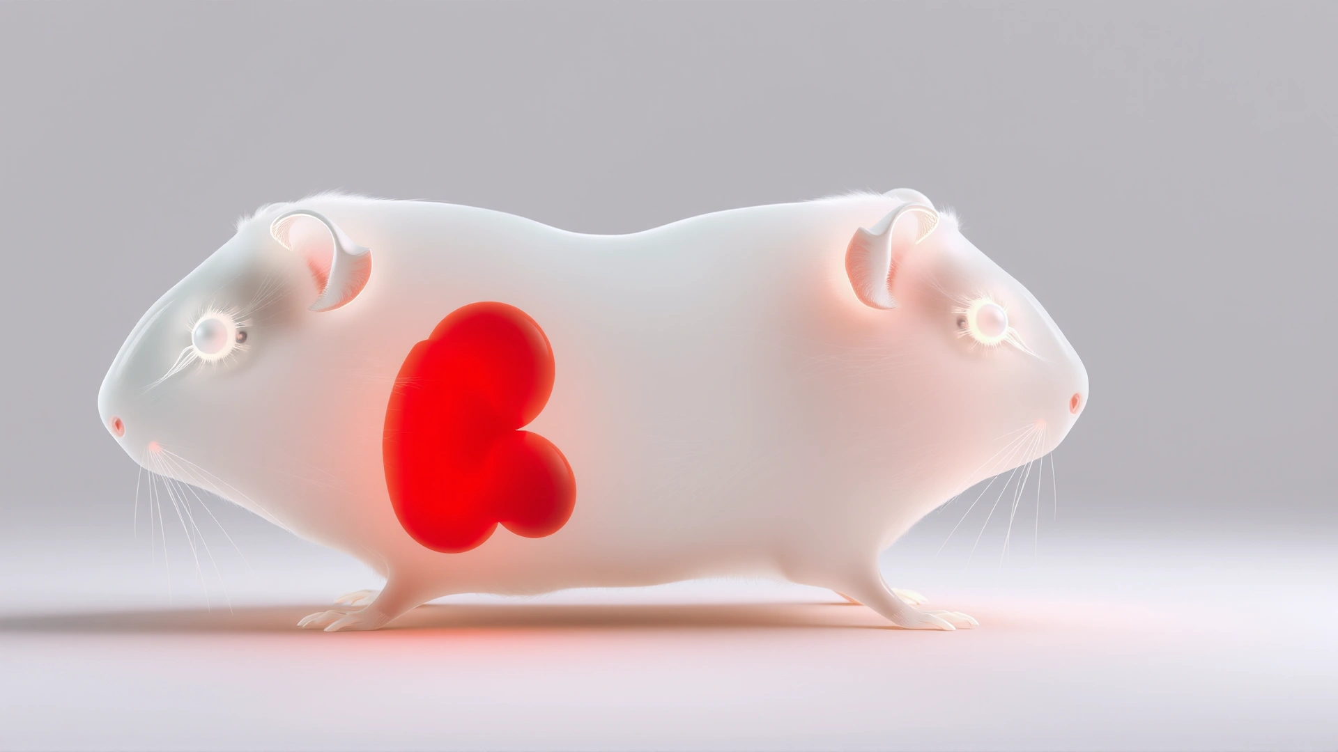AI image of an artistic rendering: translucent silhouette of a guinea pig with the kidneys highlighted in glowing red inside its body, on a white background.