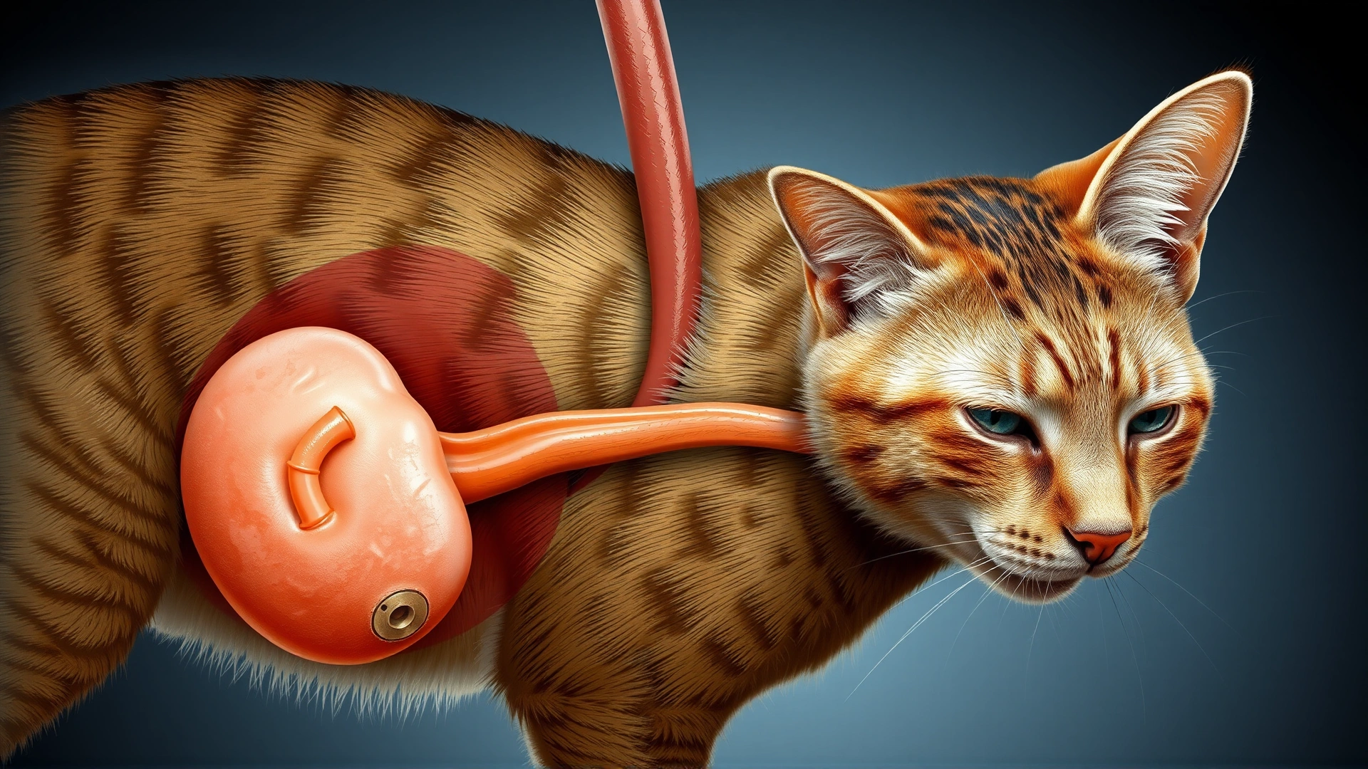 Medical illustration of a cat's urinary system showing swollen kidney with obstructed ureter
