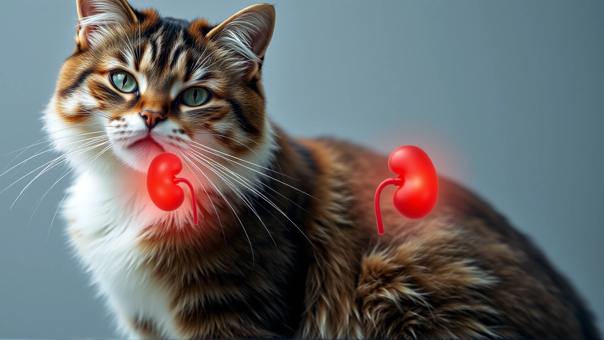 An elegant studio shot of a healthy cat with a semi-transparent overlay highlighting the kidney area, symbolizing renal health.