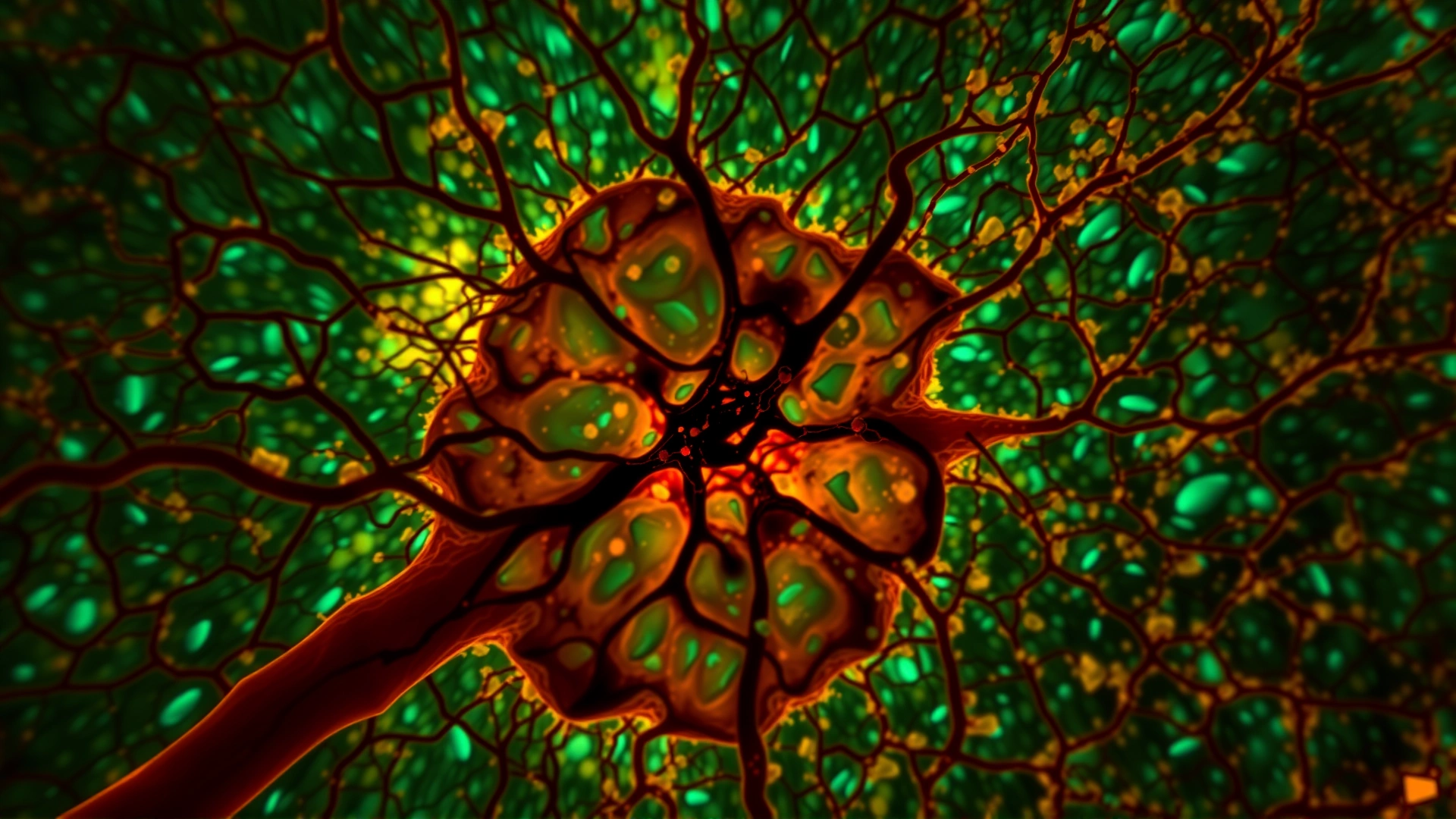 High-resolution microscopic view of feline glomerulus tissue highlighting damage and protein leakage (medical illustration style, no text).