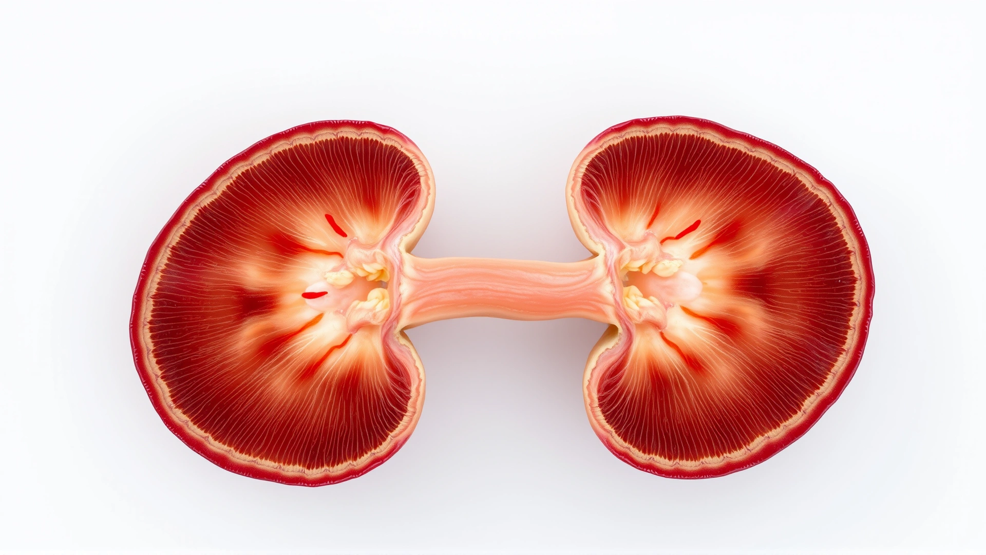 Macro photograph of a healthy feline kidney cross-section on a neutral background, vivid colors, no labels or text.
