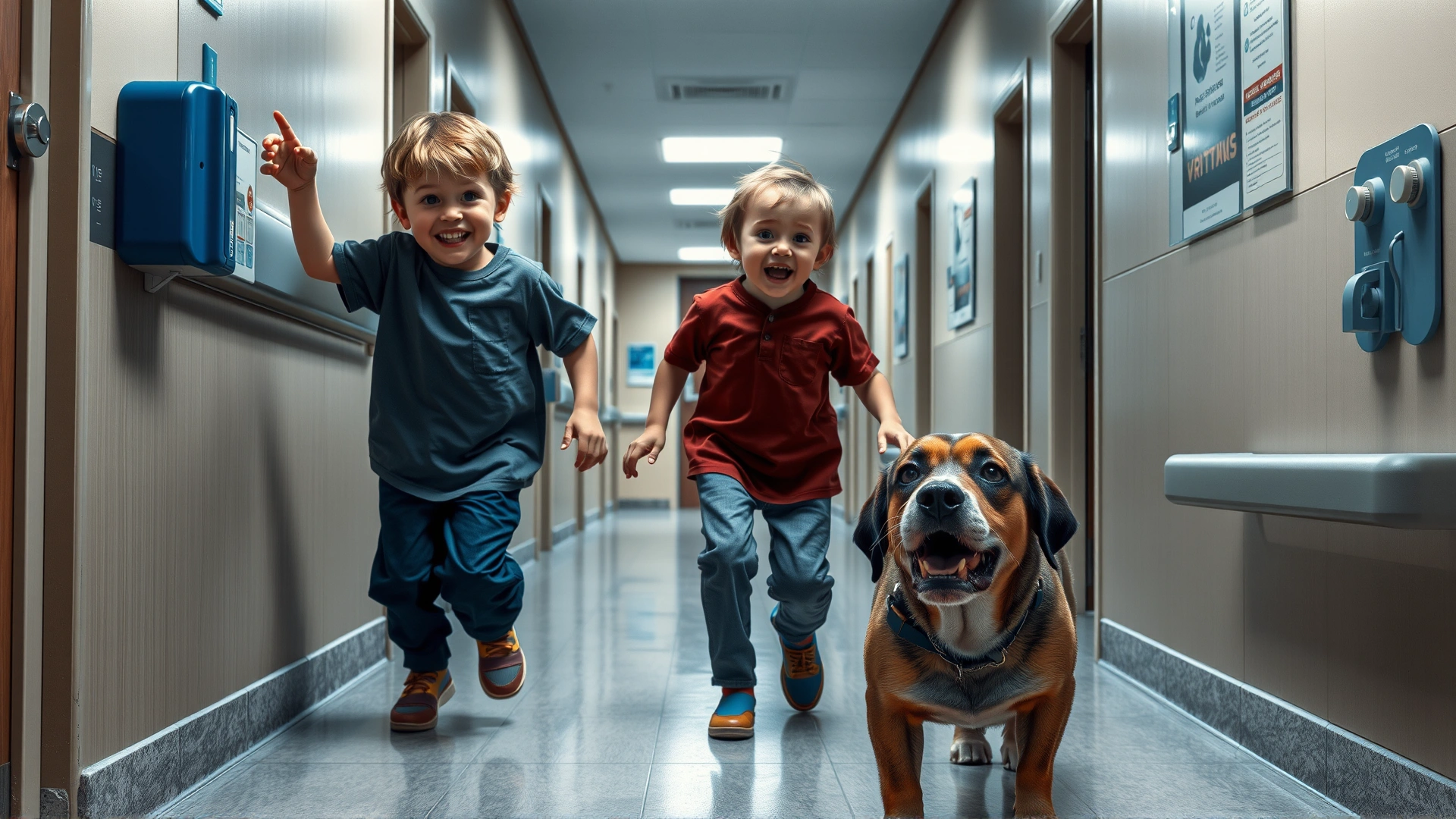 Two energetic children playing near a veterinary clinic hallway while an anxious dog looks on