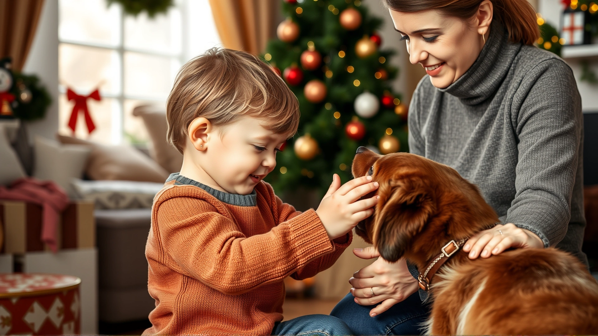 A young child gently petting a dog while an adult supervises in a festive living room setting, illustrating safe interaction.